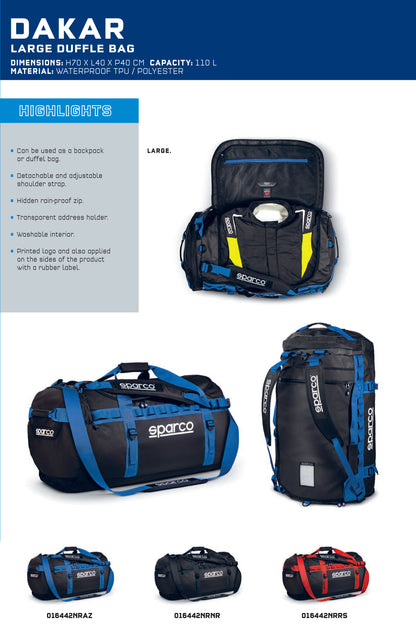 Sparco DAKAR Large Duffle Bag for Motorsport Driver Racewear 110L 70x40x40cm