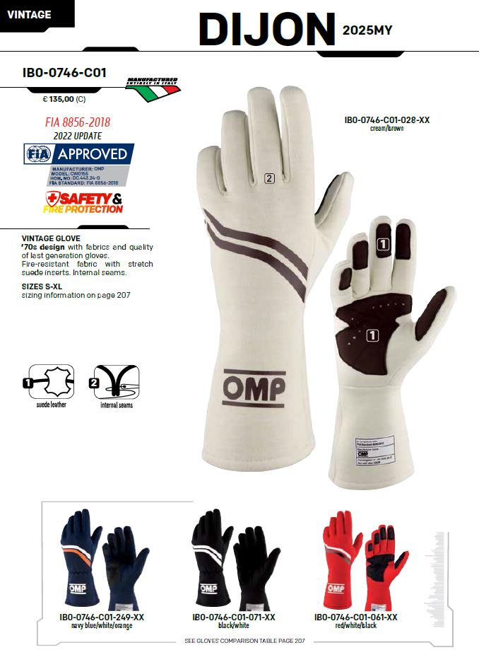 2025 OMP Dijon Classic Racing Gloves Vintage Style Fireproof FIA 8856-2018 Spec