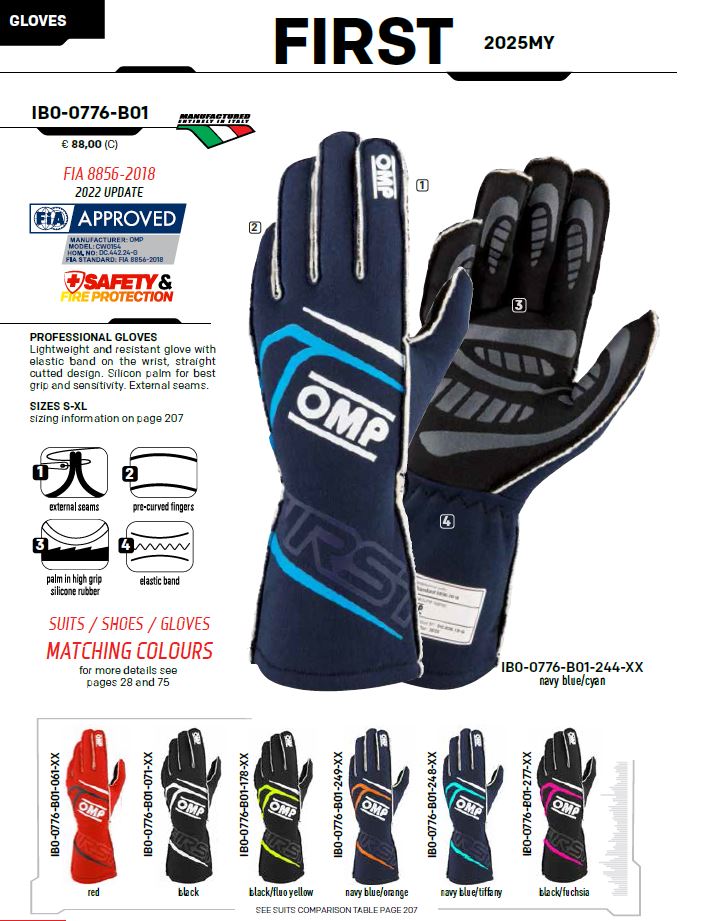 2025 OMP First Racing Driver Gloves Entry Level Fireproof Spec FIA 8856-2018