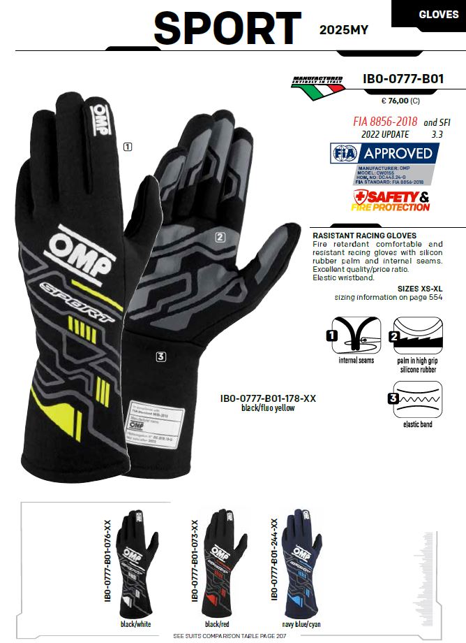 2025 OMP Sport Racing Driver Gloves Entry Level Fireproof Spec FIA 8856-2018