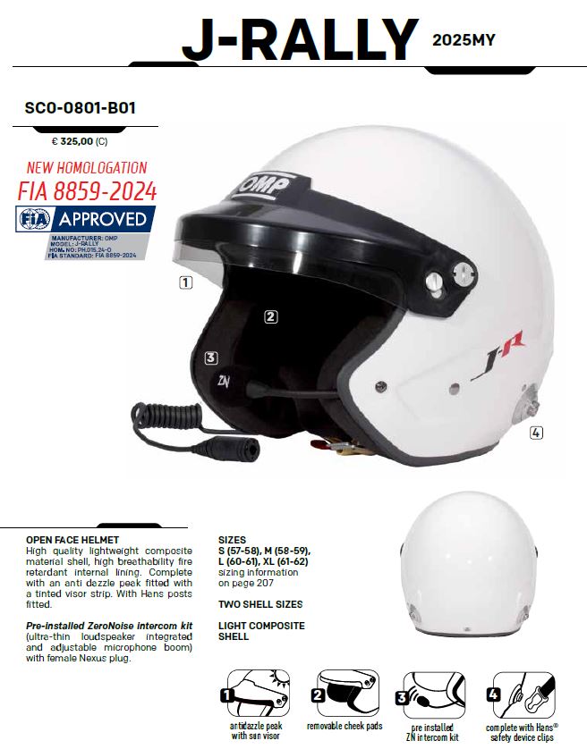 2025 OMP J-RALLY Helmet Open Face Model FIA 8859-2024 Race Rally Motorsport