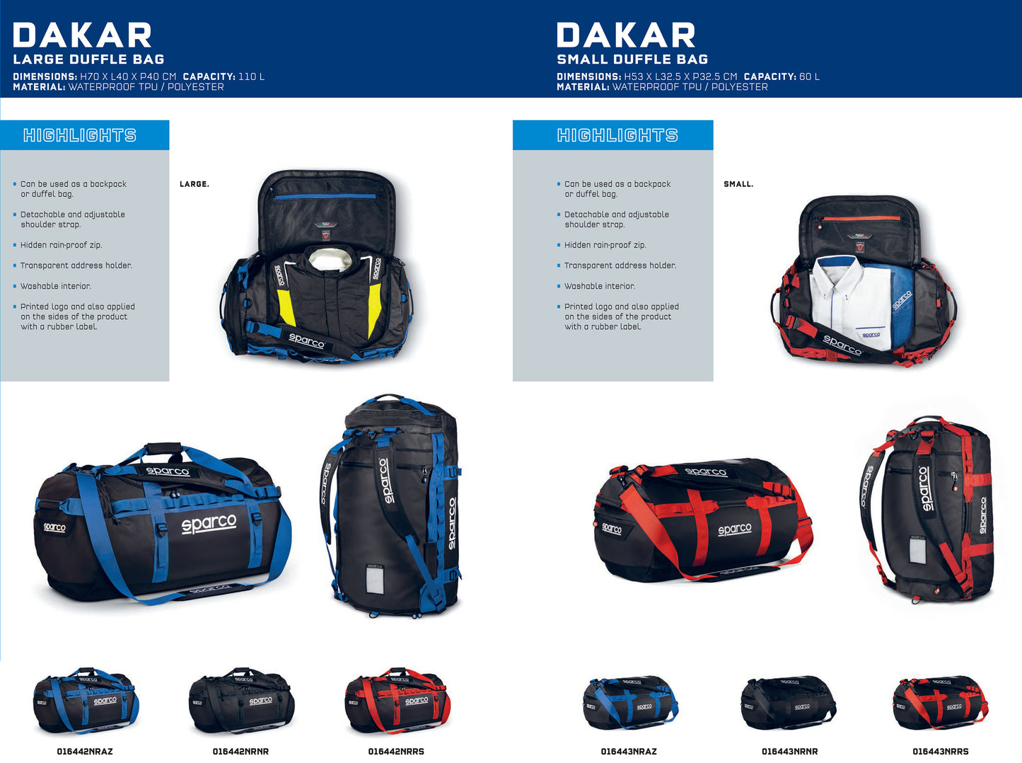 Sparco DAKAR Large Duffle Bag for Motorsport Driver Racewear 110L 70x40x40cm